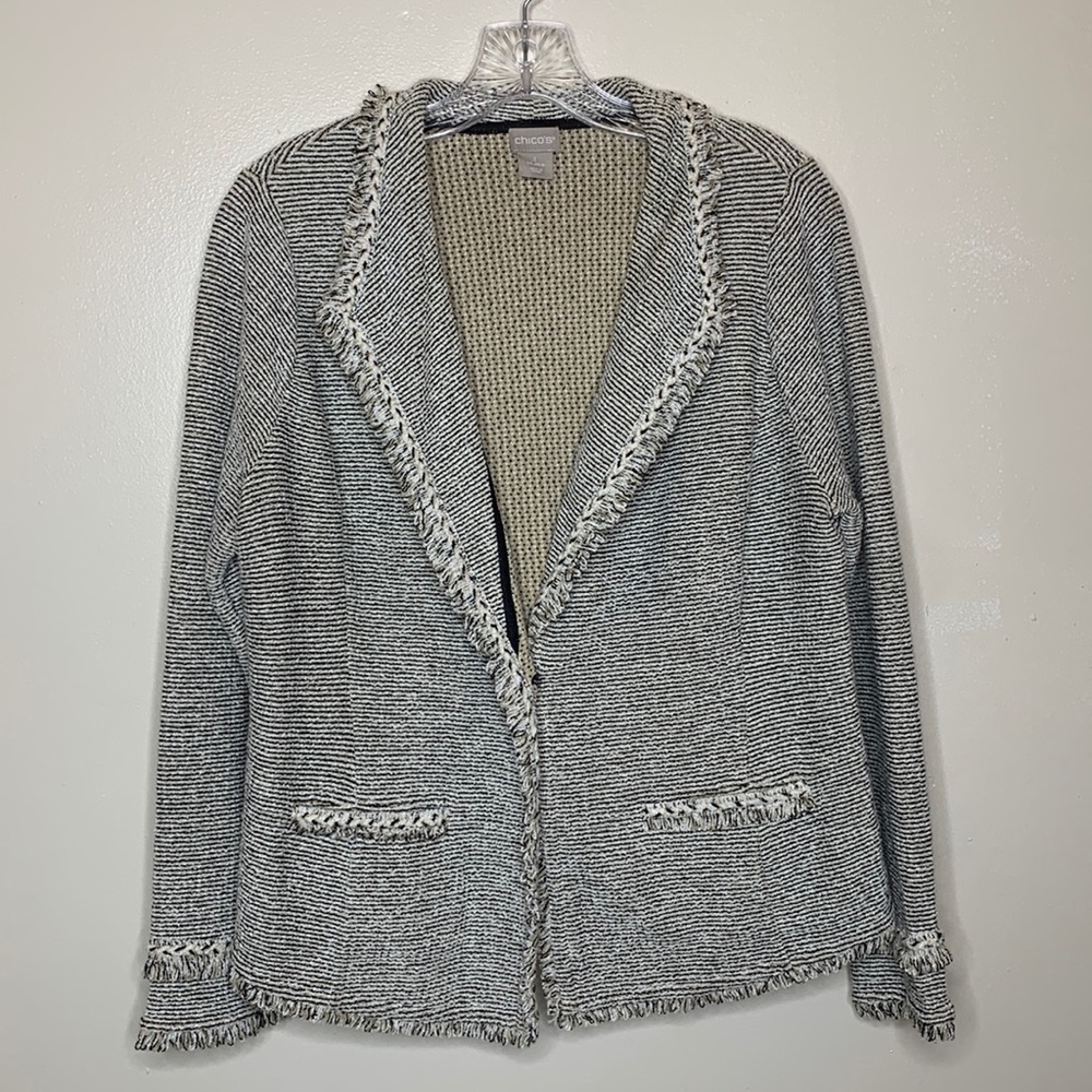 CHICO’S Blazer Black & Cream BOHO Single Breasted Fringe Trim Unstructured 8
